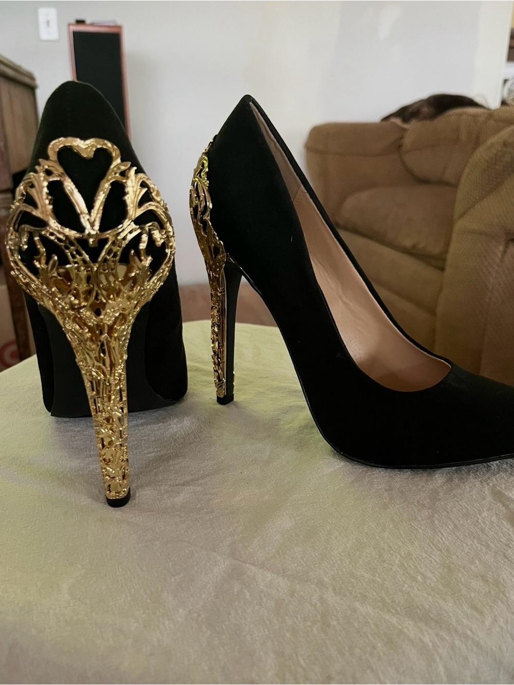 JustFab Black Suede Pointed Toe Pumps with Ornate Gold Filigree Heels